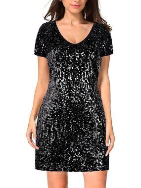 Maner Black Heavy Sequin Bodycon Fitted Dress Size L Cocktail Party Holiday New